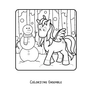Image à colorier d’un bonhomme de neige avec une licorne