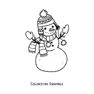 Image à colorier d’un bonhomme de neige bien emmitouflé