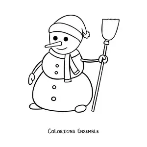 Image à colorier d’un grand bonhomme de neige animé avec un balai