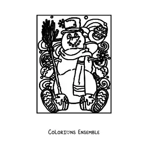 Image à colorier d’un bonhomme de neige avec un chapeau et un balai