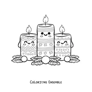Image à colorier de bougies de Noël kawaii animées avec des motifs de Noël