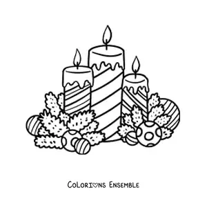 Image à colorier de bougies de Noël avec des boules et des ornements