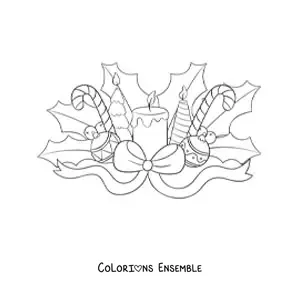 Image à colorier d’une bougie de Noël avec des cannes de bonbon et des boules