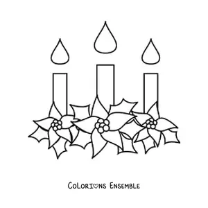 Image à colorier de trois bougies de Noël avec des fleurs