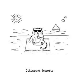 Image à colorier d'un chat animé assis qui mange une glace sur la plage
