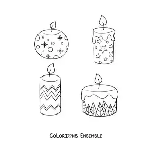 Image à colorier de bougies de Noël décorées avec des motifs de Noël