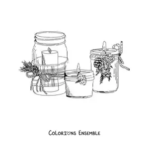Image à colorier de bougies de Noël réalistes dans des bocaux