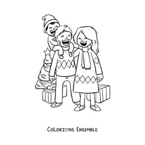 Image à colorier d’une famille avec un garçon qui fête Noël près du petit sapin