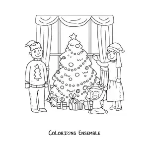 Image à colorier d’une famille avec une fille qui fête Noël à la maison près du petit sapin