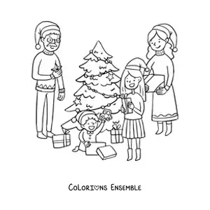 Image à colorier d’une famille avec des enfants qui ouvrent leurs cadeaux à Noël