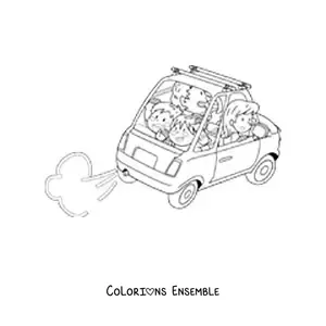Image à colorier d’une famille en dessin animé dans une voiture