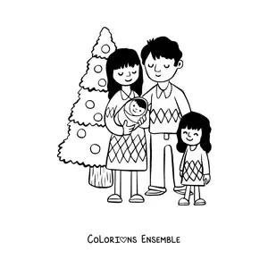 Image à colorier d’une famille avec un bébé près du sapin de Noël