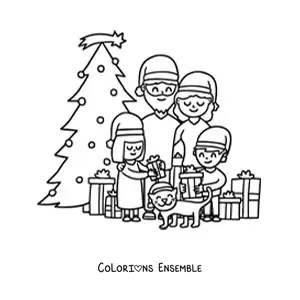 Image à colorier d’une famille de 4 personnes avec un chat près du sapin de Noël