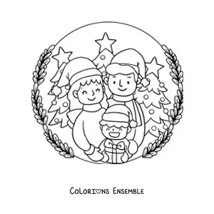 Image à colorier d’une famille de 3 personnes dans la neige à Noël