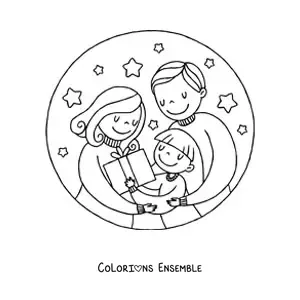 Image à colorier d’une famille de 3 personnes à Noël avec un cadeau