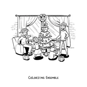 Image à colorier d’une famille qui ouvre ses cadeaux à Noël à la maison