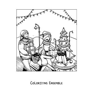 Image à colorier d’une famille qui fait les achats de Noël