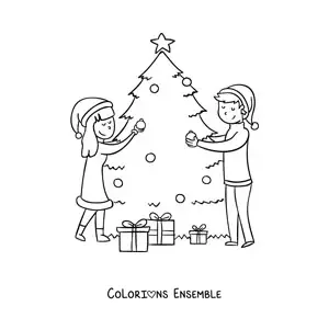 Image à colorier d’un couple qui décore le sapin de Noël
