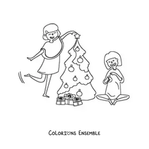 Image à colorier de deux filles qui décorent le sapin de Noël