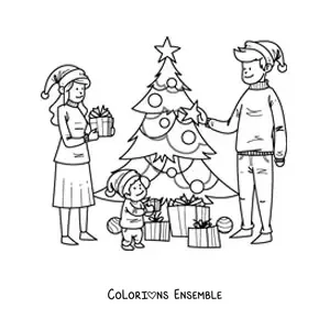 Image à colorier d’une famille le matin de Noël avec des cadeaux près du petit sapin