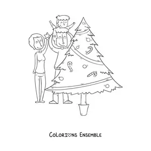 Image à colorier d’une famille qui décore le sapin de Noël