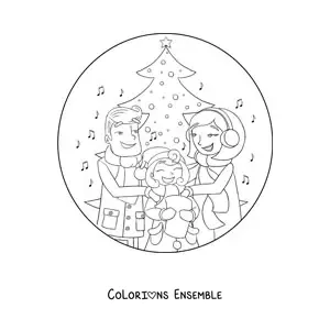Image à colorier d’une famille qui chante des chants de Noël