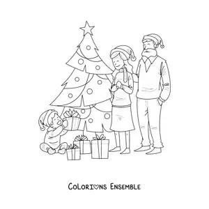 Image à colorier d’une famille avec un garçon près du sapin de Noël avec des cadeaux
