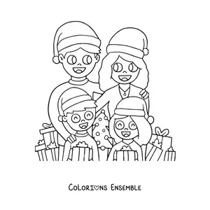 Image à colorier d’une famille de 4 membres réunie à Noël