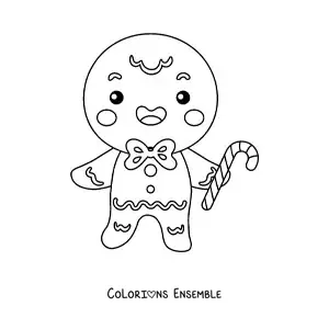 Image à colorier d’un bonhomme en pain d’épice kawaii avec une canne de bonbon