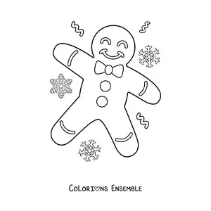 Image à colorier d’un grand bonhomme en pain d’épice avec des flocons de neige