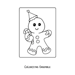 Image à colorier d’un bonhomme en pain d’épice animé avec une canne de bonbon