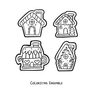 Image à colorier de biscuits en forme de maisons en pain d’épice