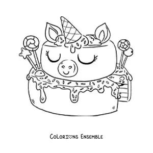 Image à colorier d'un gâteau décoré comme une licorne