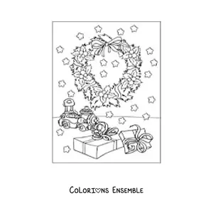 Image à colorier d’une couronne de Noël avec des cadeaux