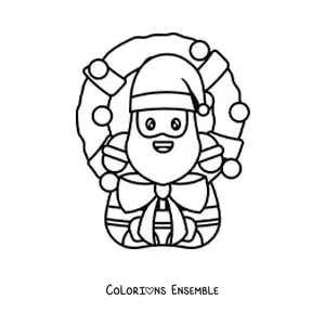 Image à colorier d’une couronne de Noël avec un Père Noël kawaii