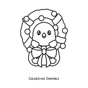 Image à colorier d’une couronne de Noël avec un pingouin kawaii
