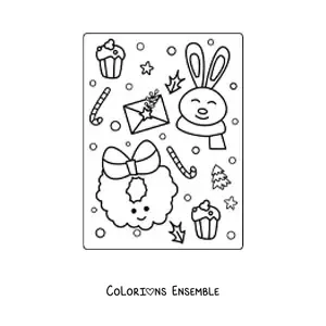 Image à colorier d’une couronne de Noël kawaii animée