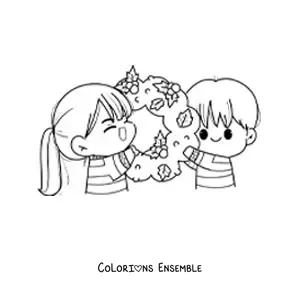 Image à colorier d’un couple kawaii avec une couronne de Noël