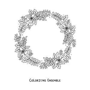 Image à colorier d’une couronne de Noël avec des feuilles