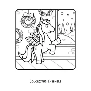 Image à colorier d’une licorne avec des couronnes de Noël
