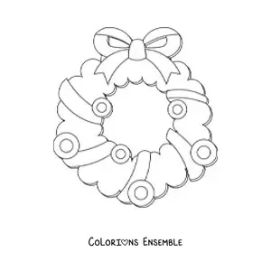 Image à colorier d’une couronne de Noël avec un nœud et des décorations