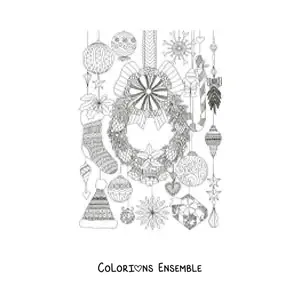 Image à colorier d’une couronne de Noël avec des ornements de Noël