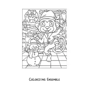 Image à colorier d’un singe animé avec une couronne de Noël