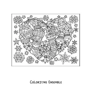 Image à colorier d’une jolie couronne de Noël avec des chaussettes et des boules