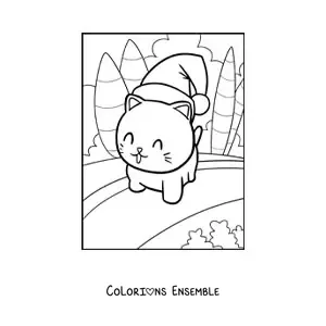 Image à colorier d’un chat kawaii avec un bonnet de Noël