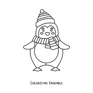 Image à colorier d’un pingouin kawaii avec un bonnet de Noël
