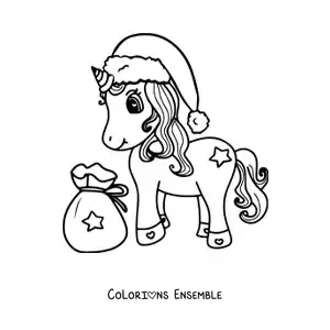 Image à colorier d’une licorne kawaii avec un bonnet de Noël