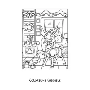 Image à colorier d’un cerf animé avec un bonnet de Noël