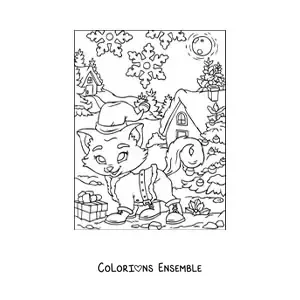 Image à colorier d’un chat animé avec un bonnet de Noël