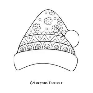 Image à colorier d’un bonnet de Noël avec un mandala de fleurs
